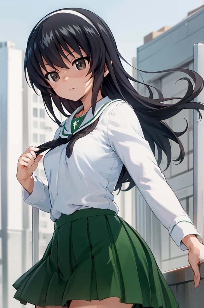 masterpiece,best quality, 1girl,solo,girls und panzer, reizei mako,long hair, small breasts, white hairband, ooarai ,white shirt,black handkerchief,green skirt, outdoors, school, cowboy shot 