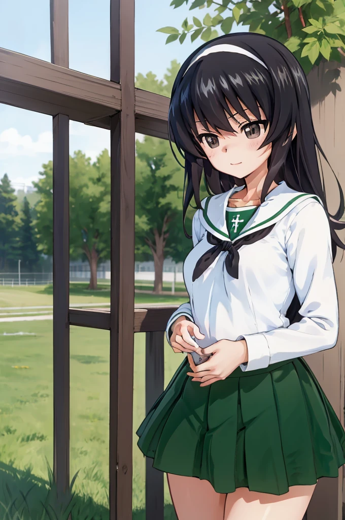 masterpiece,best quality, 1girl,solo,girls und panzer, reizei mako,long hair, small breasts, white hairband, ooarai ,white shirt,black handkerchief,green skirt, outdoors, school, cowboy shot