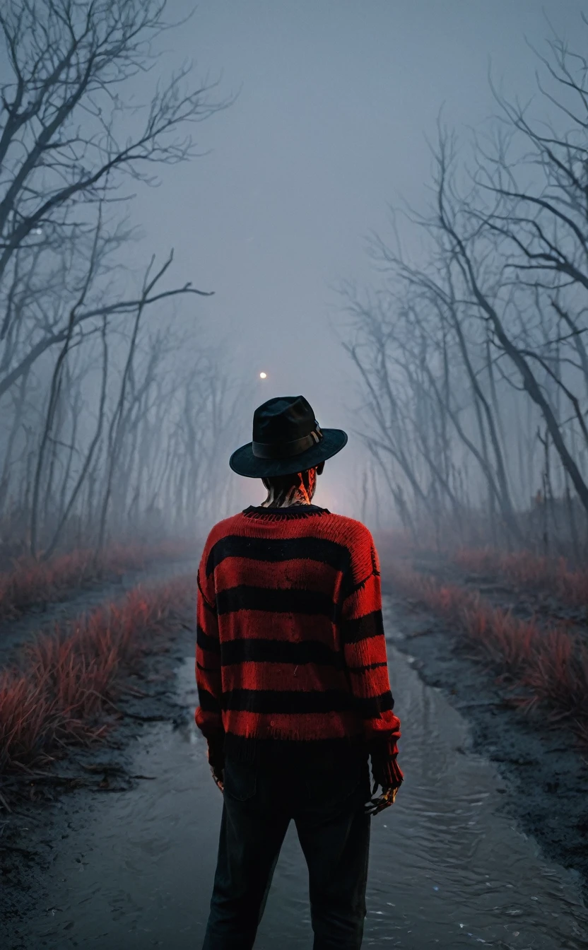 8k、Dark fantasy、Foggy night city、Ultra HD、Amazing image quality,4k、A Nightmare on Elm Street、Freddy Krueger、Wearing a hat、Burned Skin、Fearless smile,Red and black striped sweater、nails are long、Full Body Shot,Give the viewer a malicious look, Grabbing Viewer, For the viewer,Misty marshland background,Shallow depth of field, Vignette, Very detailed, High budget, Bokeh, CinemaScope, Sulky, amazing, nice, Film Grain, granular . Creepy, Anxious, dark, Creepyな, Suspenseful, strict, Very detailed