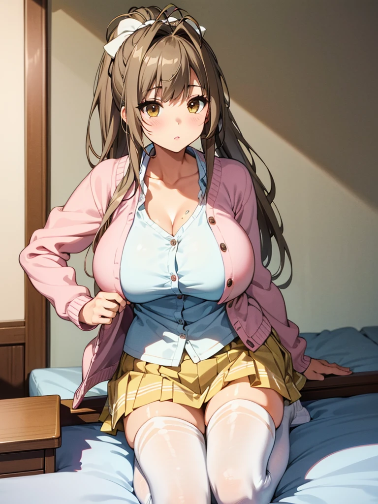 (masterpiece)), ((best quality)), (ultra-detailed), ((kawaii)), cute, (lovely), ((extremely detailed)), 4K, (8K), best quality, (beautiful),(((world-class quality))), extremely detailed, high resolution, (detailed shaded pretty face), full body, ager, (((gigantic breasts))), (((sagging breasts))), (((glistening skin))), brown hair, long hair, antenna hair, ponytail, brown eyes, (pink cardigan), open cardigan, white Camisole blouse, (yellow Pleated Skirt), white thighhighs, on the bed