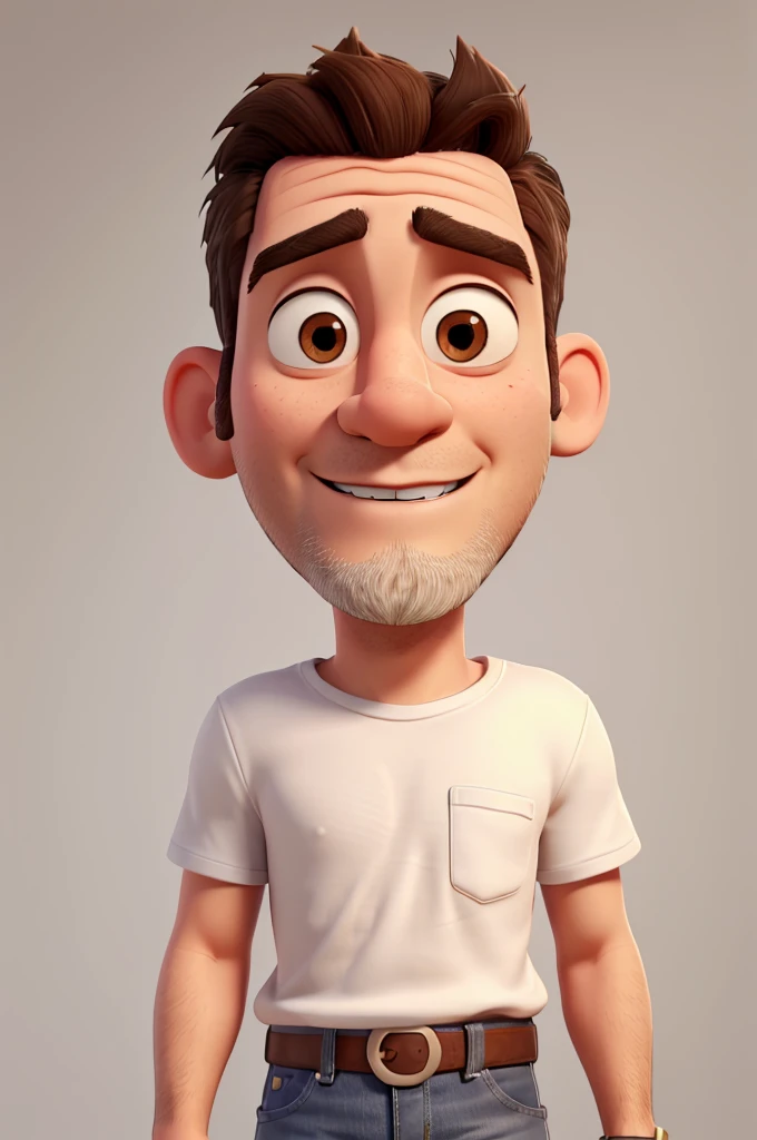 white man, 40 years old, bad face, short shaved beard, short messy brown hair, brown eyes, white t-shirt, jeans, black sneakers with white stripes, high definition, Pixar 3D style, 16k