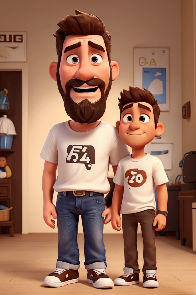 white man, 40 years old, bad face, short shaved beard, short messy brown hair, brown eyes, white t-shirt, jeans, black sneakers with white stripes, high definition, Pixar 3D style, 16k