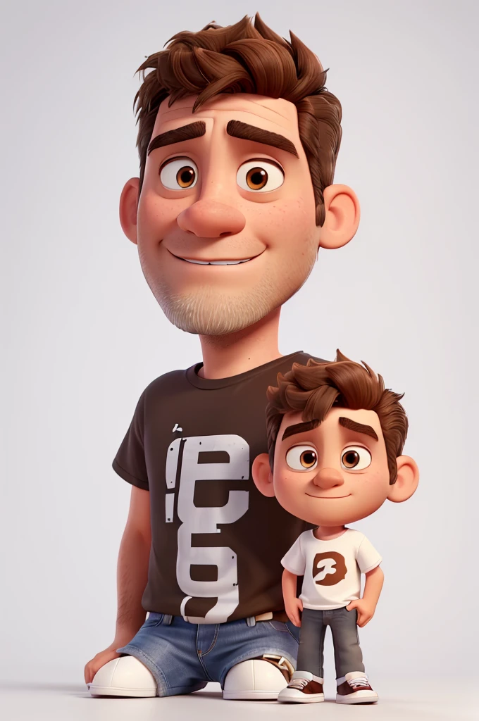 white man, 40 years old, bad face, short shaved beard, short messy brown hair, brown eyes, white t-shirt, jeans, black sneakers with white stripes, high definition, Pixar 3D style, 16k