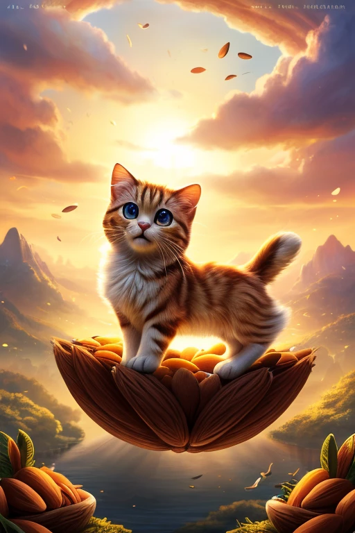 (Highest quality、masterpiece、8k))、Anatomically correct、Very detailed、High resolution、Realistic、((Beautiful, bright, almond-shaped, detailed eyes))、Intricate details、Cinematic lighting、((Dynamic composition))、Eight cute kittens with bird wings、Floating Island、heaven