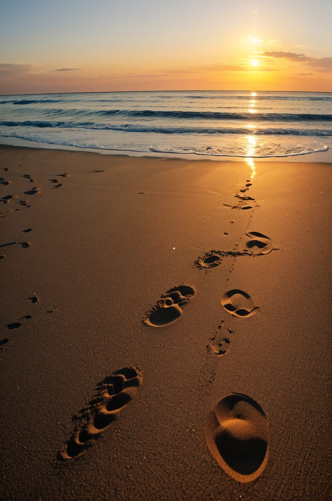 a sunset view from a beach, two person's footprints on the sand 