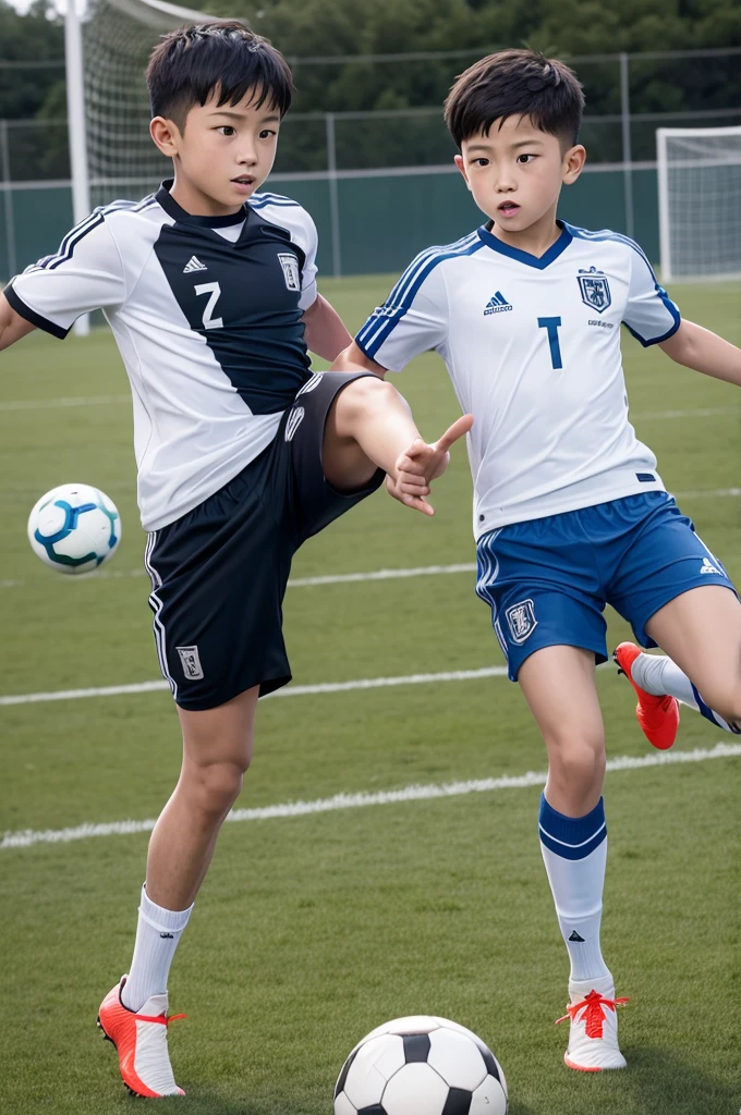 Machine-gun brothers with soccer uniforms playing soccer