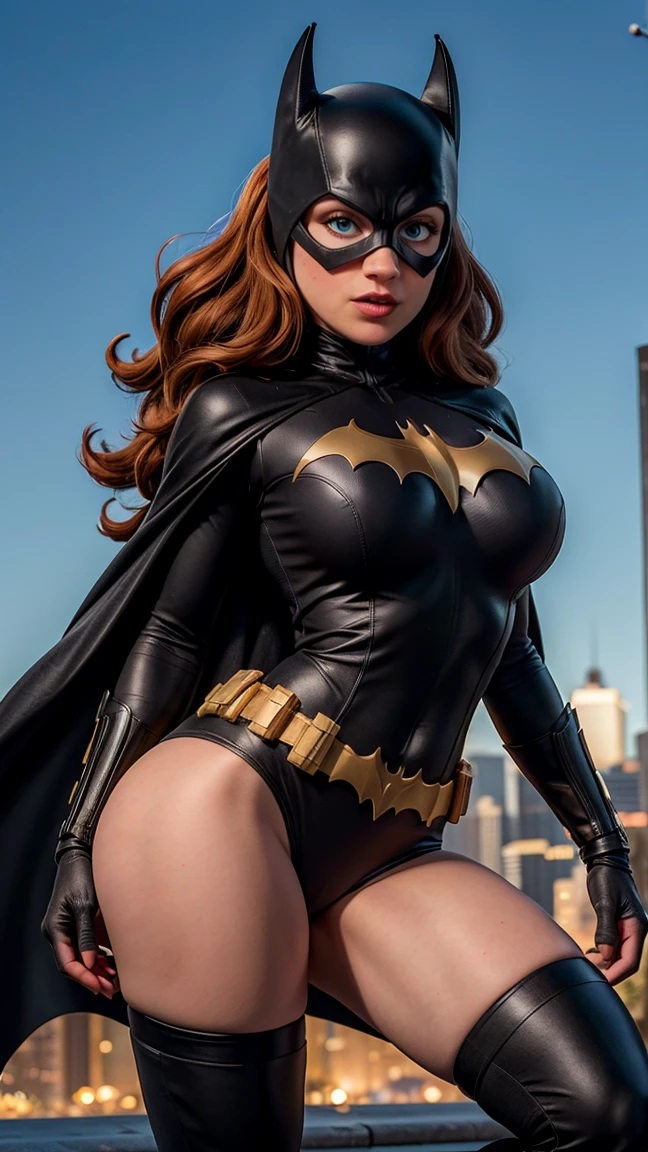 8K, Ultra HD, Super details, high quality, High resolution. The heroine Batgirl looks beautiful in a full-length photo, her body is sculptural, her long black wavy hair is radiant in a perfect combination with her white skin, her bright blue eyes mesmerize everyone. She is wearing her heroine costume. It consists of a mask that covers the upper part of the face, leaving your eyes visible, and a tight bodysuit. It can be black, dark blue or purple, the material is made of resistant and elastic fabric to provide protection and allow agile movements, on the chest of the costume, there is a bat symbol similar to the Batman symbol, she wears a utility belt that contains a variety of useful devices and equipment for your missions, Batgirl's boots and gloves are made of resistant material to protect her hands and feet during combat, she wears a black cape, an aesthetic element of the costume. she looks very sexy, drawing attention to her big breasts and toned legs.