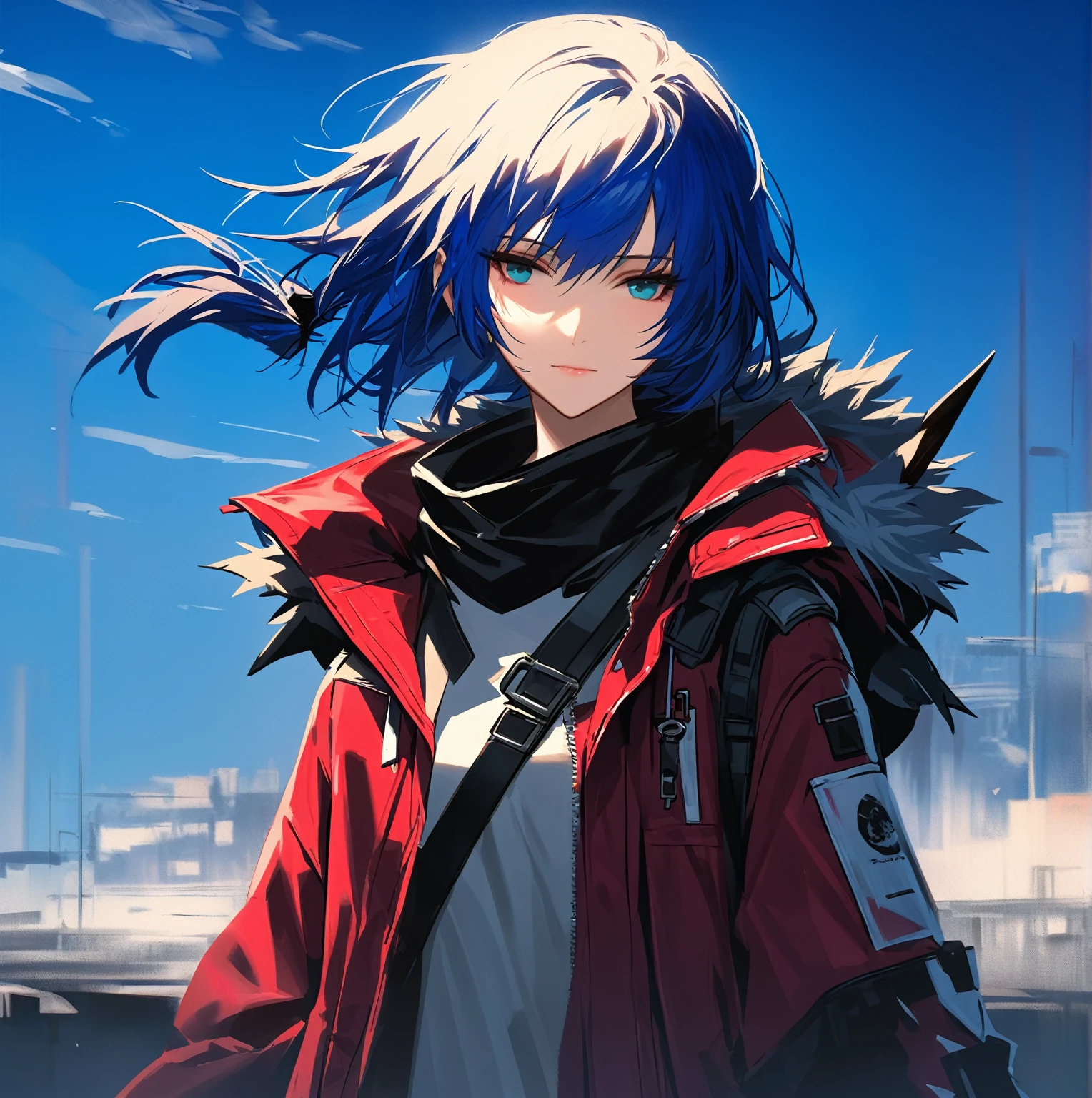 (woman), ((Mostima from arknights)), masterpiece, best quality, blue hair, ((short hair)), ((pony tail hair)), ((horns)), plain white shirt, red fullbody coat, dark blue eyes, realistic anime style, faint smile, ((portrait)), black gloves, carring a bag.
