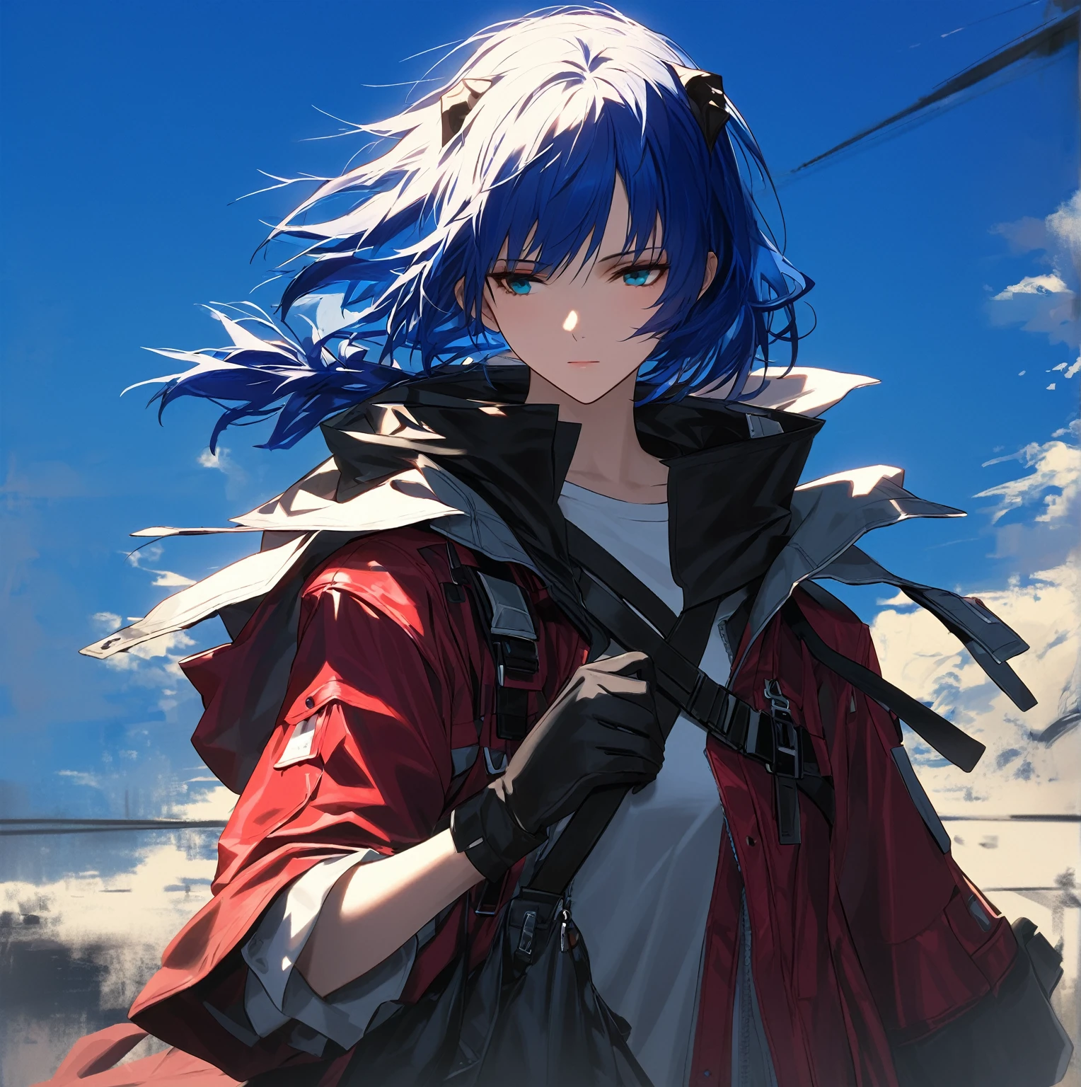 (woman), ((Mostima from arknights)), masterpiece, best quality, blue hair, ((short hair)), ((pony tail hair)), ((horns)), plain white shirt, red fullbody coat, dark blue eyes, realistic anime style, faint smile, ((portrait)), black gloves, carring a bag.