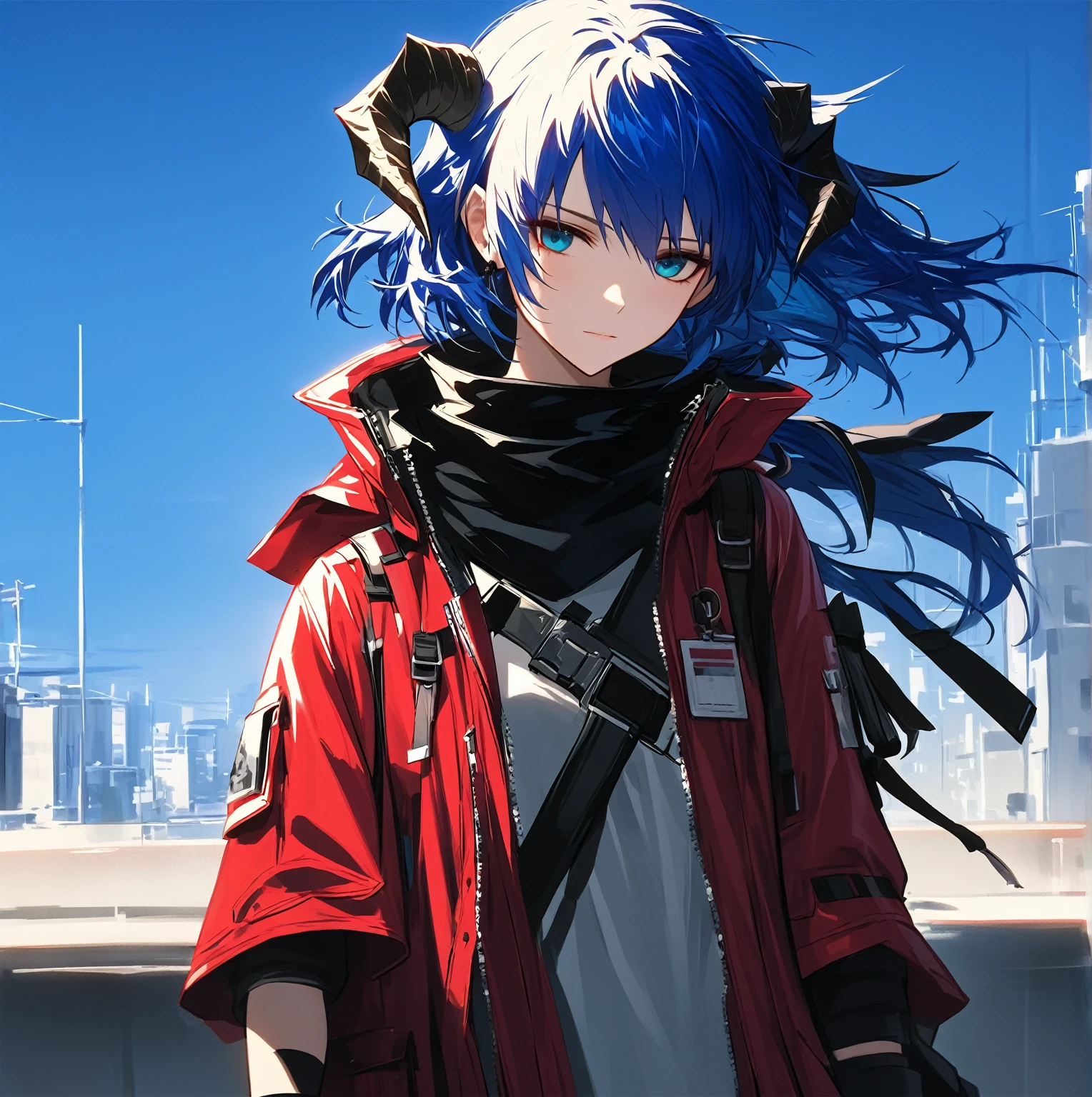 (woman), ((Mostima from arknights)), masterpiece, best quality, blue hair, ((short hair)), ((pony tail hair)), ((horns)), plain white shirt, red fullbody coat, dark blue eyes, realistic anime style, faint smile, ((portrait)), black gloves, carring a bag.
