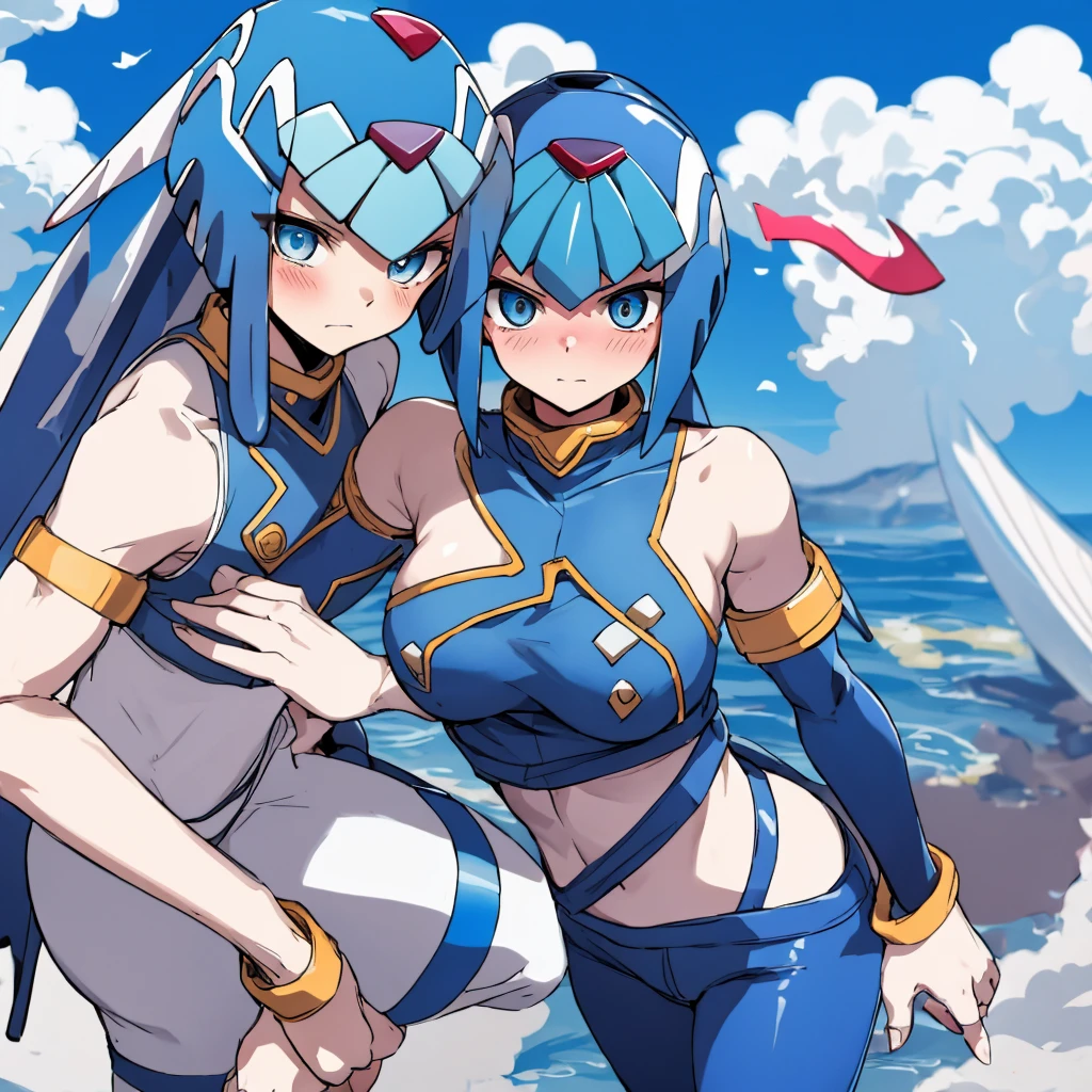 Leviathan_Megamanz, 1 Girl ,Looking at the viewer , blue hair, Blue eyes,Clouds background , Blushed, Wedding ring, Glasses
