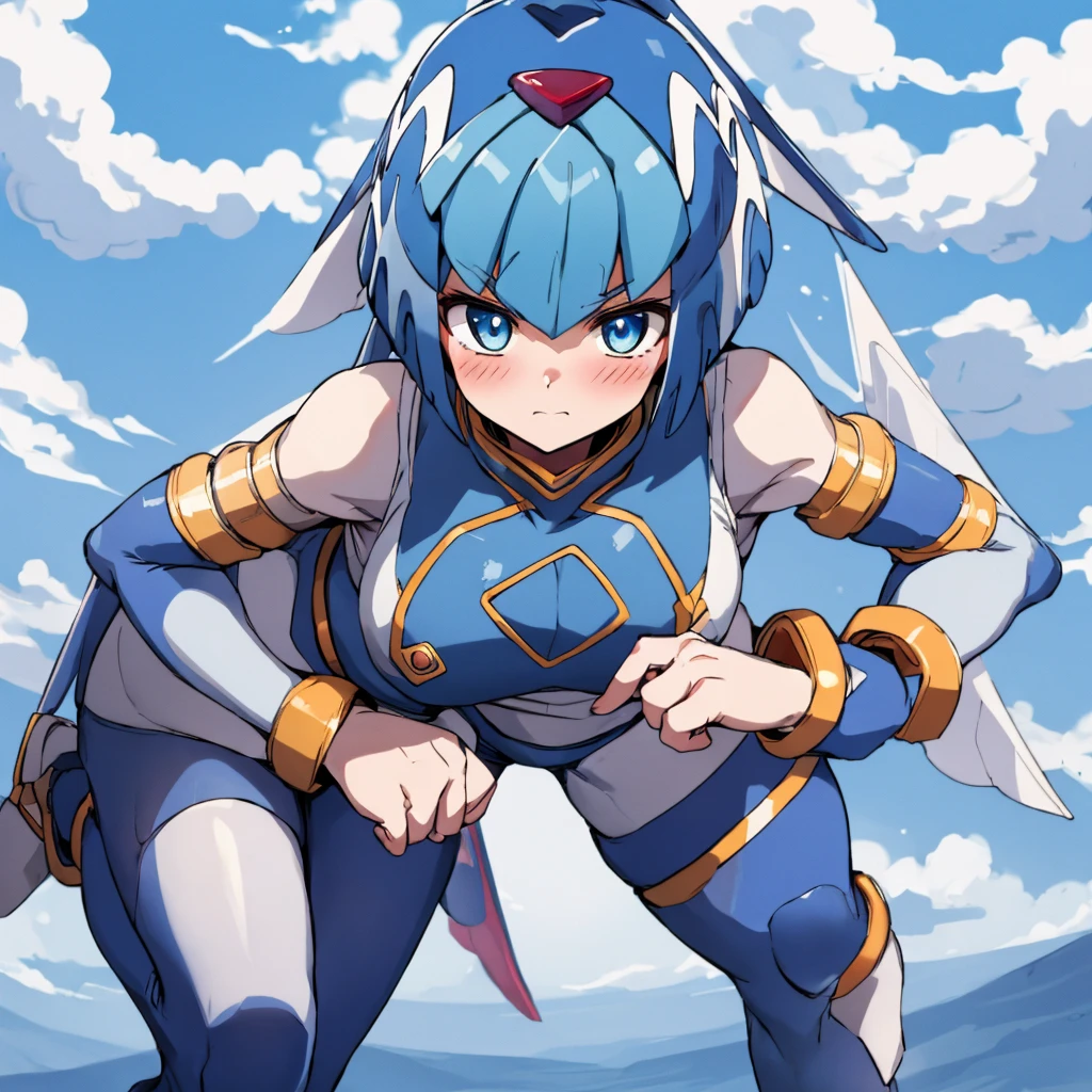 Leviathan_Megamanz, 1 Girl ,Looking at the viewer , blue hair, Blue eyes,Clouds background , Blushed, Wedding ring, Glasses