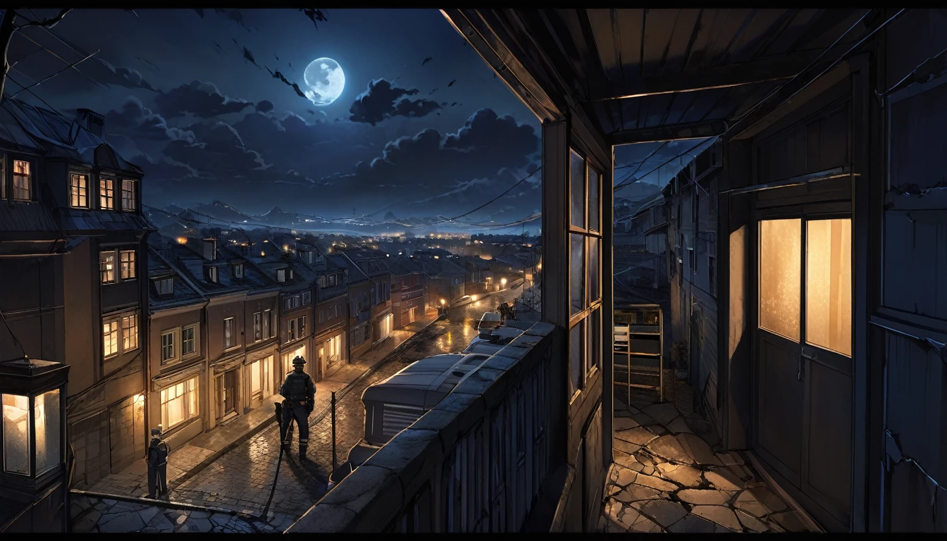 A man peered out of his window into the midnight darkness, observing police cars patrolling the streets below from the confines of his pitch-black bedroom. The faint glow of street lamps outlined the silent procession of law enforcement vehicles, their red and blue lights casting intermittent shadows on the quiet pavement. The cold night air seeped through the cracked window, carrying distant echoes of footsteps and the occasional murmur of radio chatter from the officers on duty. From his vantage point, the man watched with a mixture of curiosity and apprehension, feeling a palpable sense of security in the presence of the vigilant patrol amidst the otherwise stillness of the late hour, Landscape,, HDR, High Detailed, dark room. serial killer room.