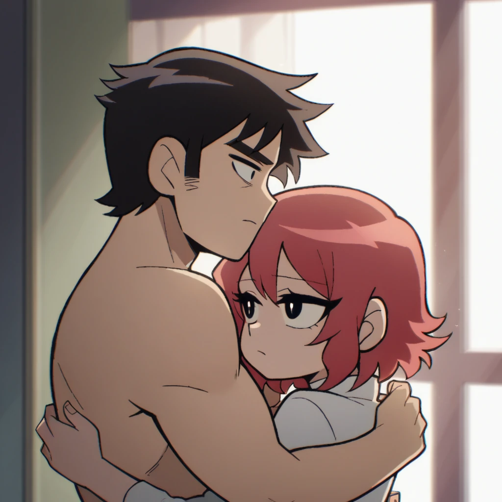 score_9_presence, score_8_up, 1girl, 1boy, together, in love, hugging, staring at each other