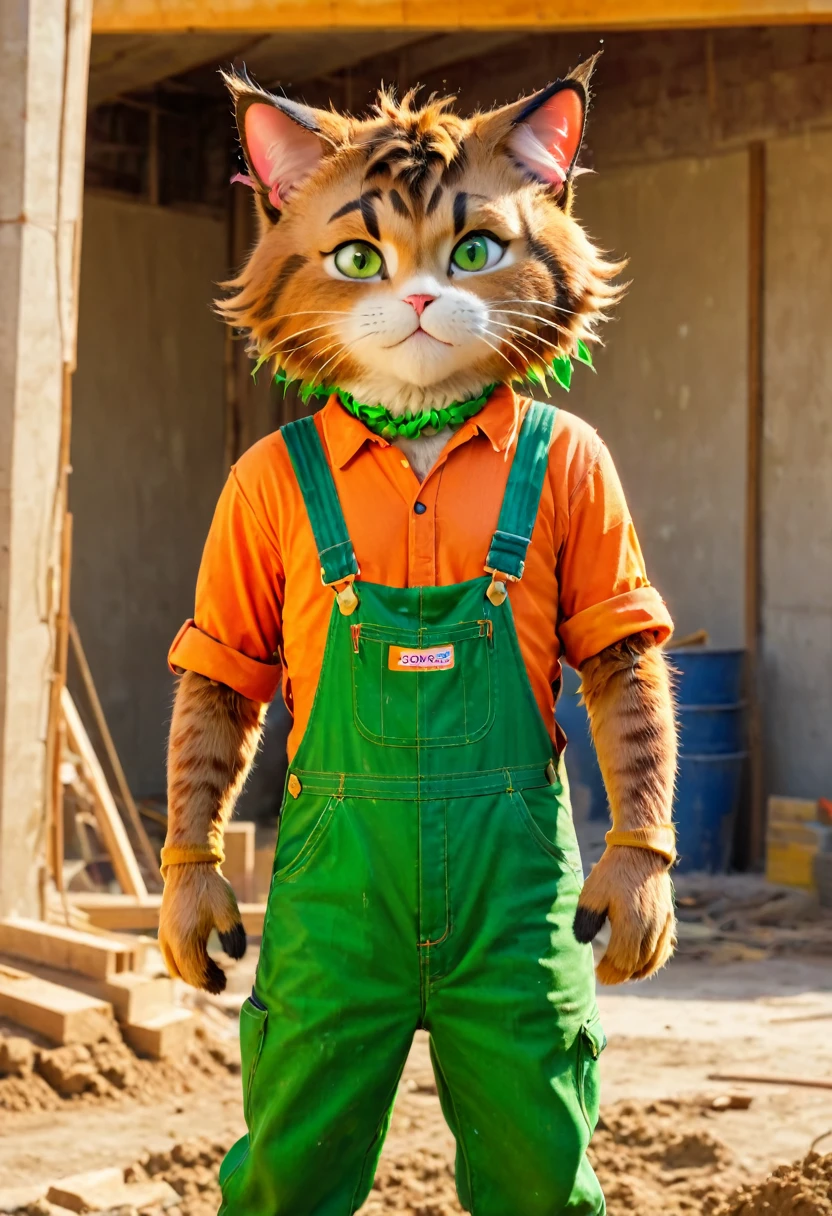 "catboy, anthropomorphic, mascle, sagging body,Working on a construction site, brown fur , greeneyes, wearing dirty overalls (best qualityer, 4K, high resolution, ultra detali:1.2), realisitic, swirly vibrant colors, natural lighting, tassels on ears, cunning look