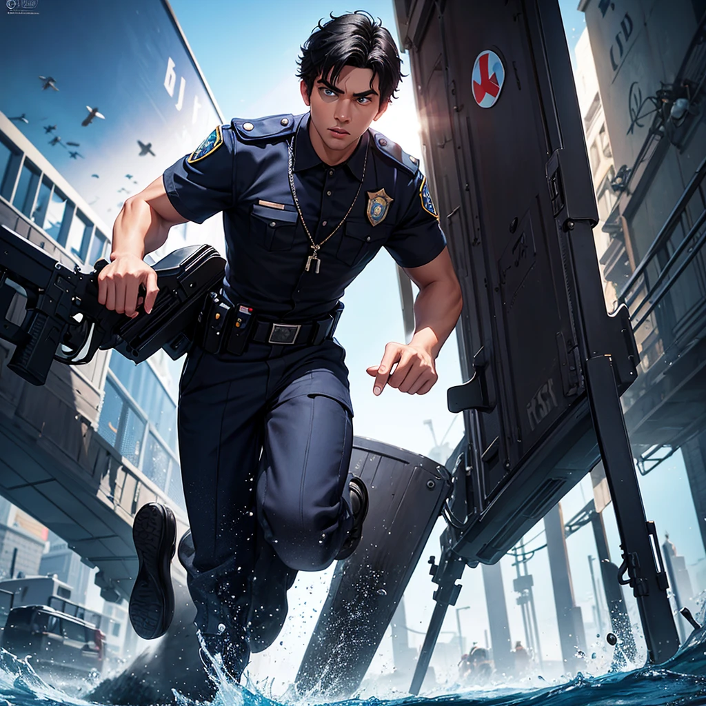 Disney-inspired untitled 3d poster/Pixar by a 22 year old, black, short black hair, blue eyes, round nose, police profession, responding to an incident, Jesus in the background protecting.