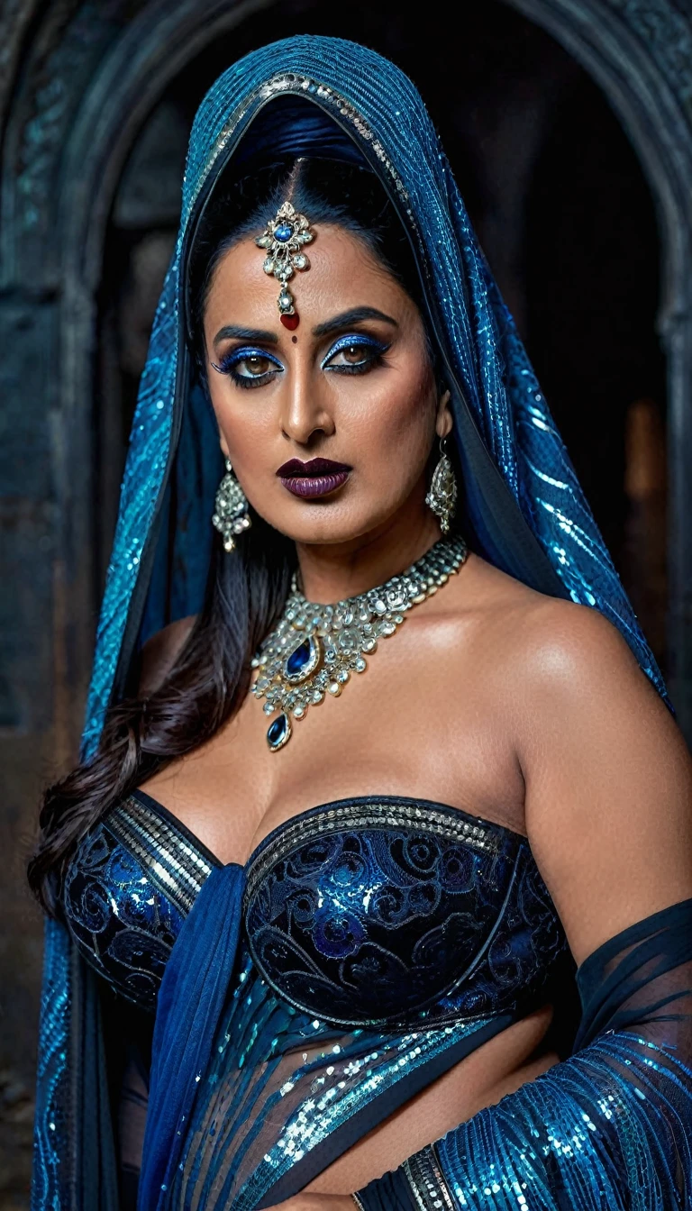 Looks like Mahie Gill, full body Closeup shot, Big chubby aunty, milf, cougar lady witch, horny Gothic milf,  70 years old gorgeous mature lady, pervert demoness, demoness of lust, curvy, black lips, horny face, extremely gorgeous, thick figure, heavy physique, voluptuous, curvy, sexy figure, Fashionable portrait of androgynous alien looking witch wearing veil, glowing eyes, futuristic design, minimal details, givenchy, photoreal, 200mm, hd, f/ 2.0, highly detailed, surreal, sexy beautiful evil woman, sexy bold sequin Saree with strapless Bra, chudail, Pishachini, horror genre, blood-thirsty enchantress, powerful female spirit, eerie, drop dead, in the style of red and blue, (intricate details, hyperdetailed:1.15) (skin texture:1.2), dark Moody tone, cinematic lighting, haunted place in background, 