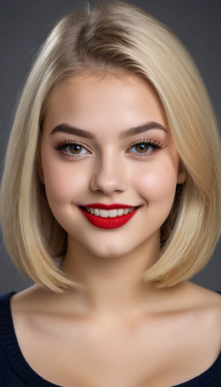ultrarealistic high quality mugshot photo of a beautiful busty european 18-year-old teen girl with cute hyperdetailed shy happy face and shoulder length platin-blonde classic bob and long legs, realistic round eyes, red lipgloss, decent makeup with eyeliner, wearing casual day-off outfit, cleavage, hourglass body, indoor office photography