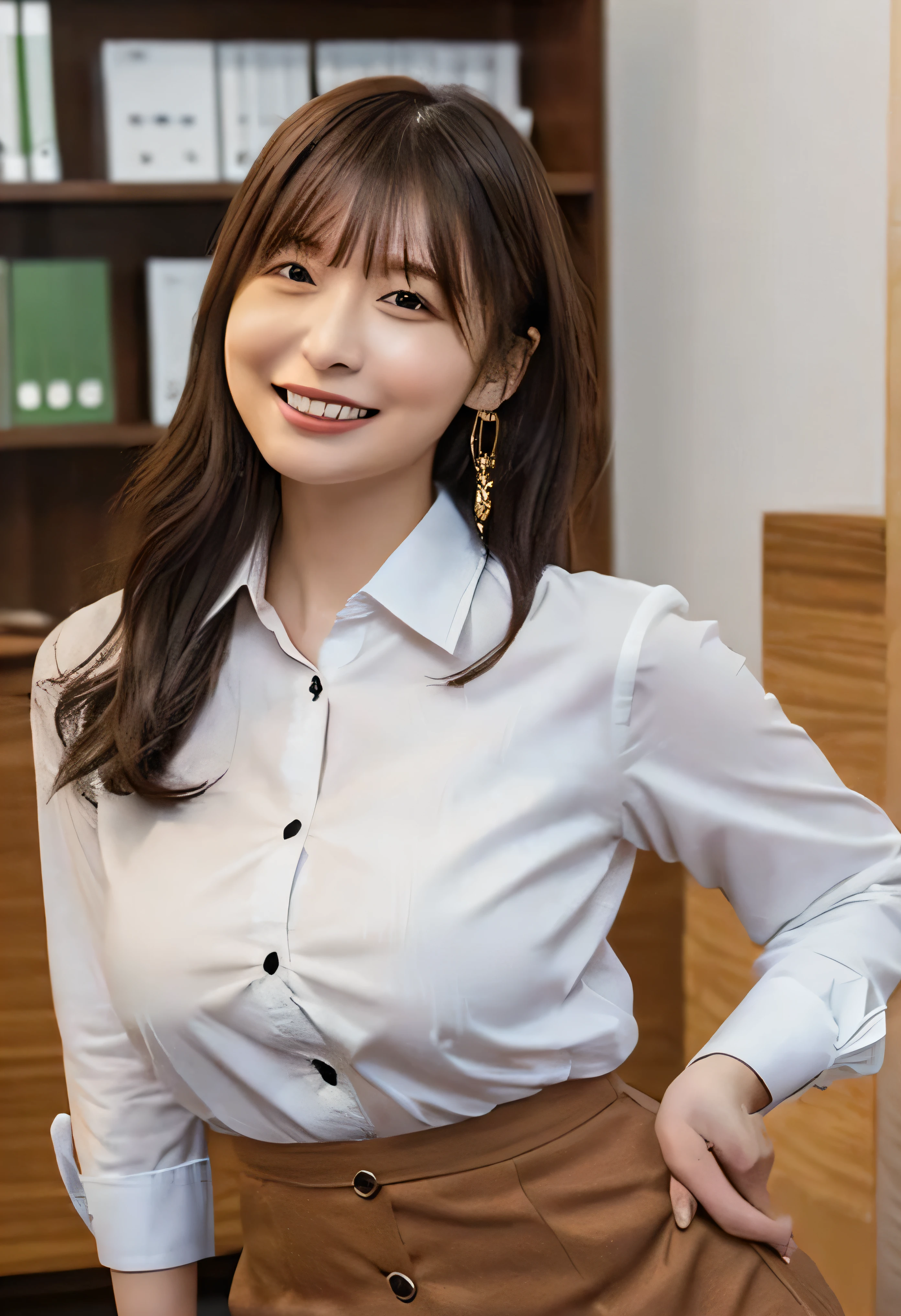 (Show off your breasts、Getting naked:1.4).(White collared shirt、Tied up hairstyle、Photo from the waist up:1.4).One Girl, Cool Biz、(Put your hands on the desk and stick your butt out、office、Her natural G-cup breasts are visible even through her clothes、Office Lady Uniform、Cute beauty, Delicate girl:1.3), (24-years-old:1.3),(Smiling with teeth showing、Cute smiling eyes、Cute loose perm、(Fluffy hair、Loose perm、Braid only the bangs:1.4)Braid only the bangs、Fluffy hair、Medium Short Hair、Wearing an office lady skirt、Round and ample breasts、Curved waist、Photo from the waist up:1.4)
Very beautiful eyes, (Office Lady Uniform:1.3), (G-cup big breasts:0.5), Brown eyes, Parted bangs, Light brown hair,
, A face of ecstasy、(The expression of ecstasy、A face of ecstasy:1.0),
, (masterpiece, Highest quality, Super detailed, Detailed face, 8k)