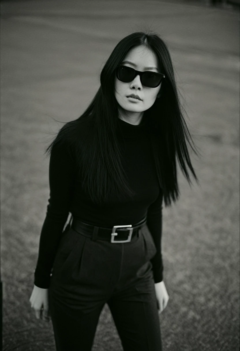  Photo, (sharp focus:1.2), (masterpiece), cinematic film still, stylish black and white photo, geometry, sunlight, feminine elegant girl in sunglasses with red glasses, long black hair, pale skin, black turtleneck, black jacket, wide black trousers, wide belt, (sharp focus on the face:1.3), (detailed), photographed on a Kodak box camera, (hyper realistic:1.4), lifelike texture, (intricate details, hyperdetailed:1.15) (skin texture:1.2), cinematic, professional, 4k, (((dynamic model pose))), sitting, full body, mesmerizing, dynamic, dramatic, dynamic pose, highly detailed skin with hair, subcutaneous veins, light and shadow play, highly detailed,24mm photograph, bokeh, professional, 4k,