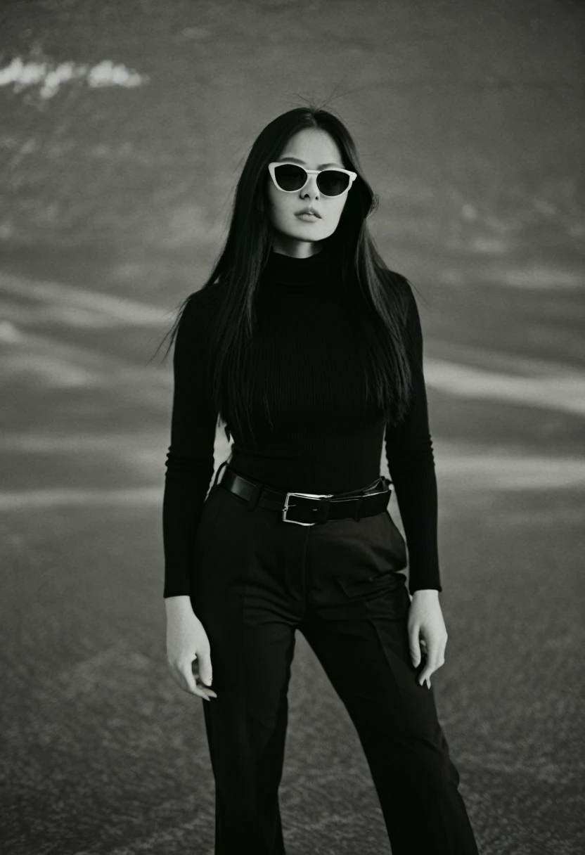  Photo, (sharp focus:1.2), (masterpiece), cinematic film still, stylish black and white photo, geometry, sunlight, feminine elegant girl in sunglasses with red glasses, long black hair, pale skin, black turtleneck, black jacket, wide black trousers, wide belt, (sharp focus on the face:1.3), (detailed), photographed on a Kodak box camera, (hyper realistic:1.4), lifelike texture, (intricate details, hyperdetailed:1.15) (skin texture:1.2), cinematic, professional, 4k, (((dynamic model pose))), sitting, full body, mesmerizing, dynamic, dramatic, dynamic pose, highly detailed skin with hair, subcutaneous veins, light and shadow play, highly detailed,24mm photograph, bokeh, professional, 4k,
