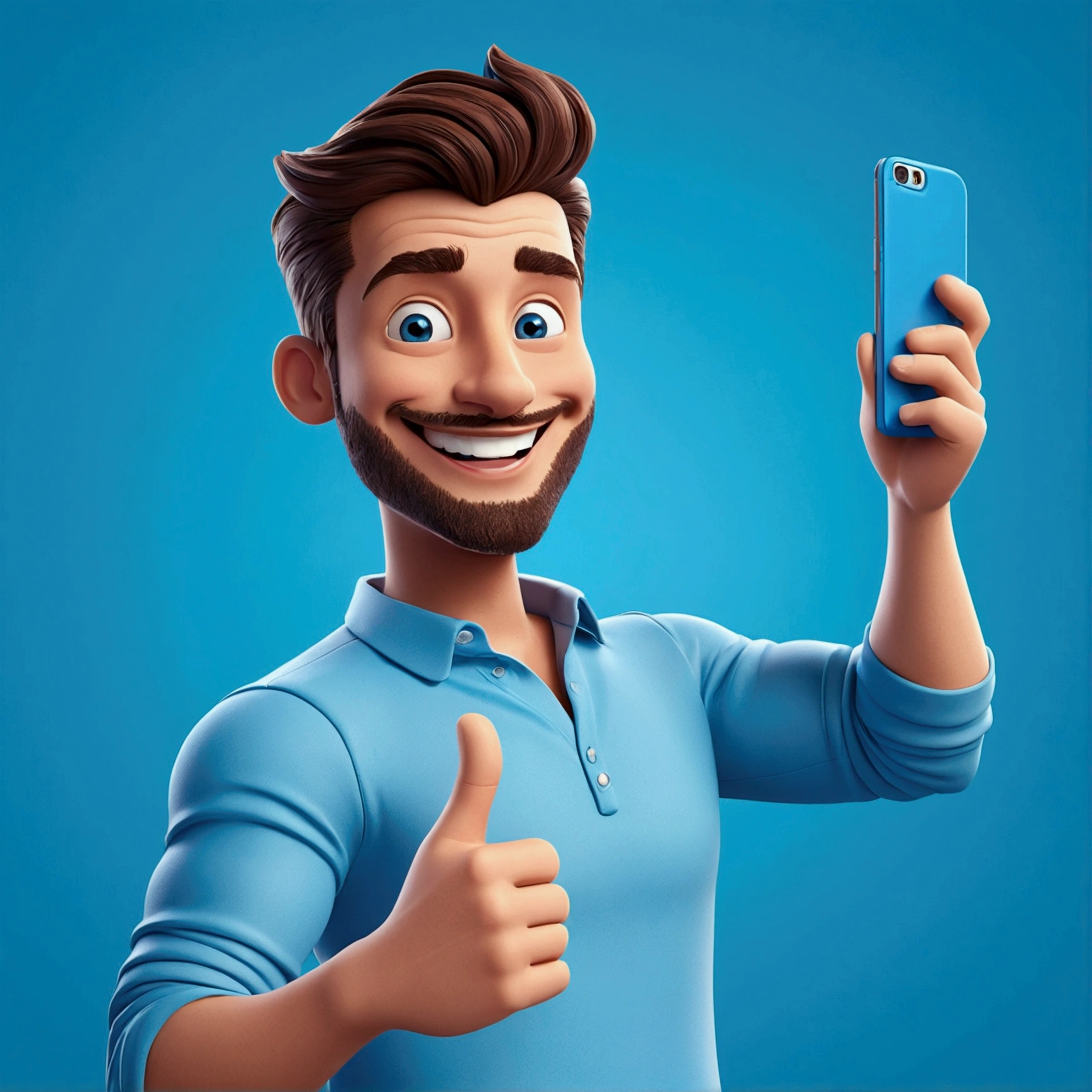 a cartoon man Posing for a selfie with a captivating smile, perfect for promoting a vibrant lifestyle, in the style of animated gifs, clean and simple designs, 3d, a predominant color blue