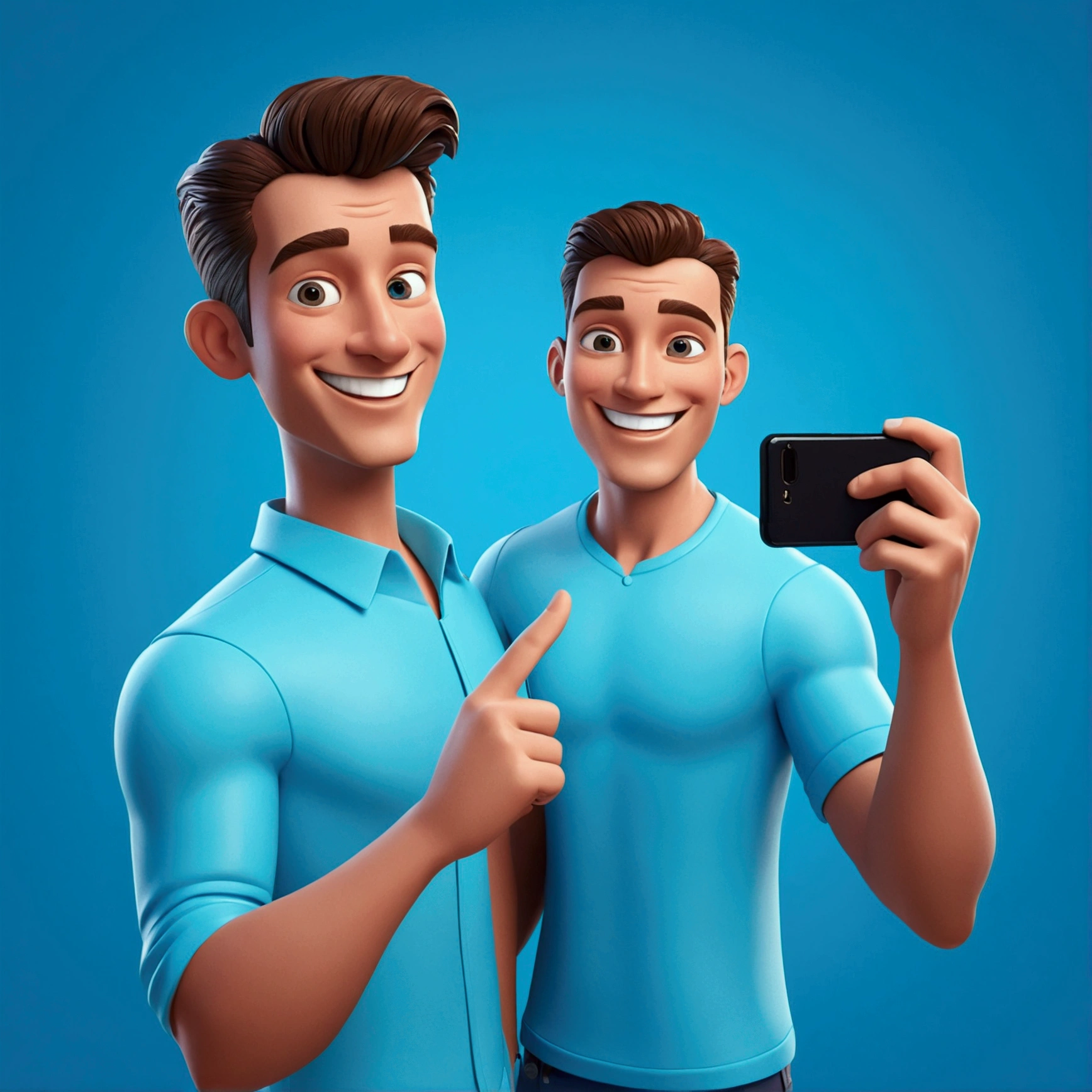 a cartoon man Posing for a selfie with a captivating smile, perfect for promoting a vibrant lifestyle, in the style of animated gifs, clean and simple designs, 3d, a predominant color blue
