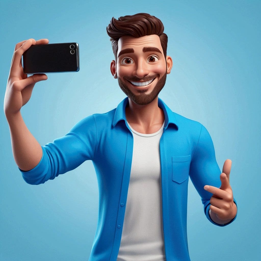 a cartoon man Posing for a selfie with a captivating smile, perfect for promoting a vibrant lifestyle, in the style of animated gifs, clean and simple designs, 3d, a predominant color blue