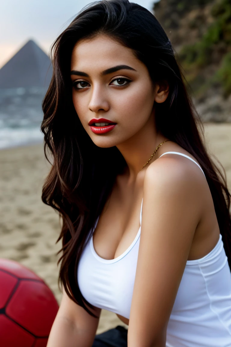 Ultra realistic cinematic soft light and ultra detailed red hour portrait,1girl in, age19, Solo, Long hair, Colossal , Looking at Viewer, black hair, Bare shoulders, Brown eyes, Full body, off shoulders, red football t-shirt, Realistic, A sexy, 4K, max quality, small breasts, super sharp image, 8K, beautiful pose, playboy model, photo session, red lips, headshot, masterpiece, sex bomb, kashmiri, detailed body, Egyptian dress, chewing lips, highly detailed, seducing, seductive,face only, perfect lightening, white skin, good bright lightening, beach ,