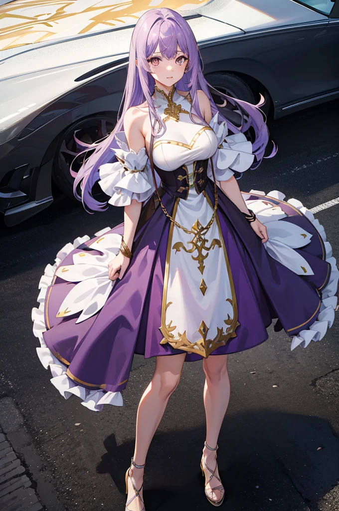 1woman, tall, light purple hair, golden eyes, dress, standing on ground, high res, ultra sharp, 8K, masterpiece