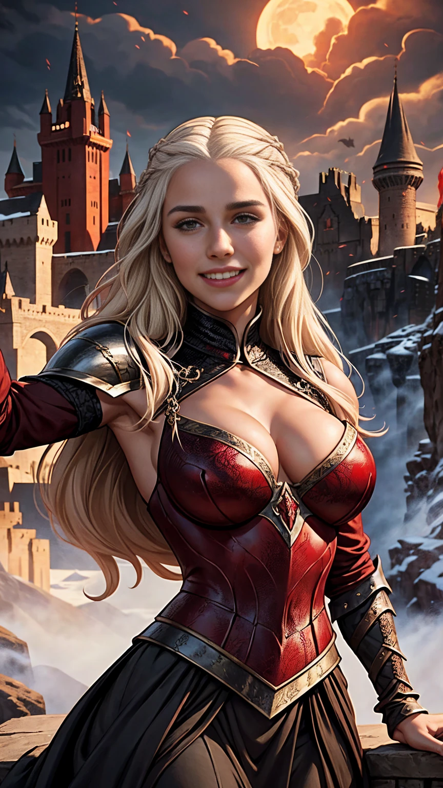 Milly Alcock as rhaenyra Targaryen, game of thrones, sexy, deep cleavage, perfect breasts, black and red dragon scale fantasy armour, grinning, castle exterior