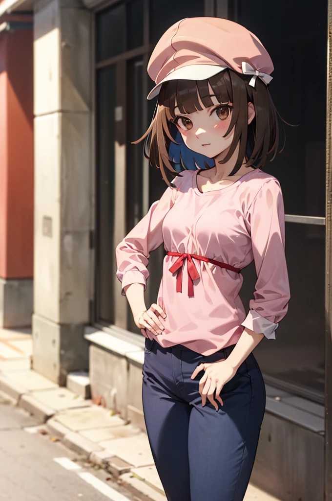 masterpiece, best quality, highres, aanadeko, short hair, brown hair, cabbie hat, orange headwear, blunt bangs, brown eyes, pink shirt, ribbon, blue pants, hand on hip, street, standing, cowboy shot,