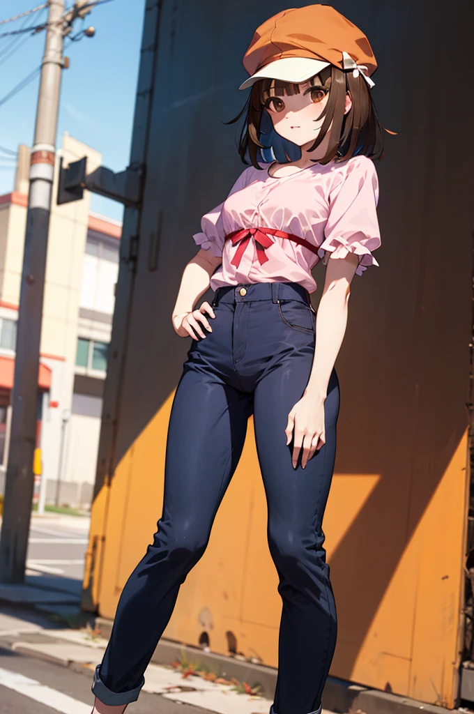 masterpiece, best quality, highres, aanadeko, short hair, brown hair, cabbie hat, orange headwear, blunt bangs, brown eyes, pink shirt, ribbon, blue pants, hand on hip, street, standing, cowboy shot,