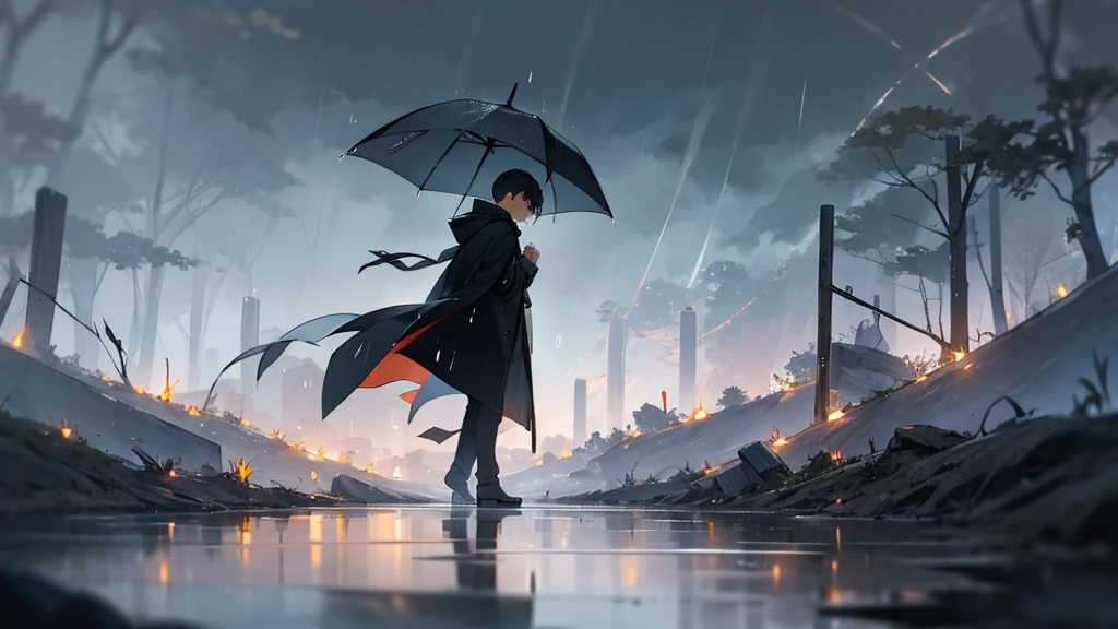 A single person walking along a path covered in fallen leaves, under a gray and cloudy sky. The person is dressed in a dark coat, with head tilted slightly downward, reflecting introspection and sadness. On the sides of the path, The leafless trees stand like shadows of the past. on the horizon, a lone star shines faintly in the night sky, symbolizing the dreams and memories that still persist. Raindrops fall softly, adding a touch of melancholy and representing tears and pain.