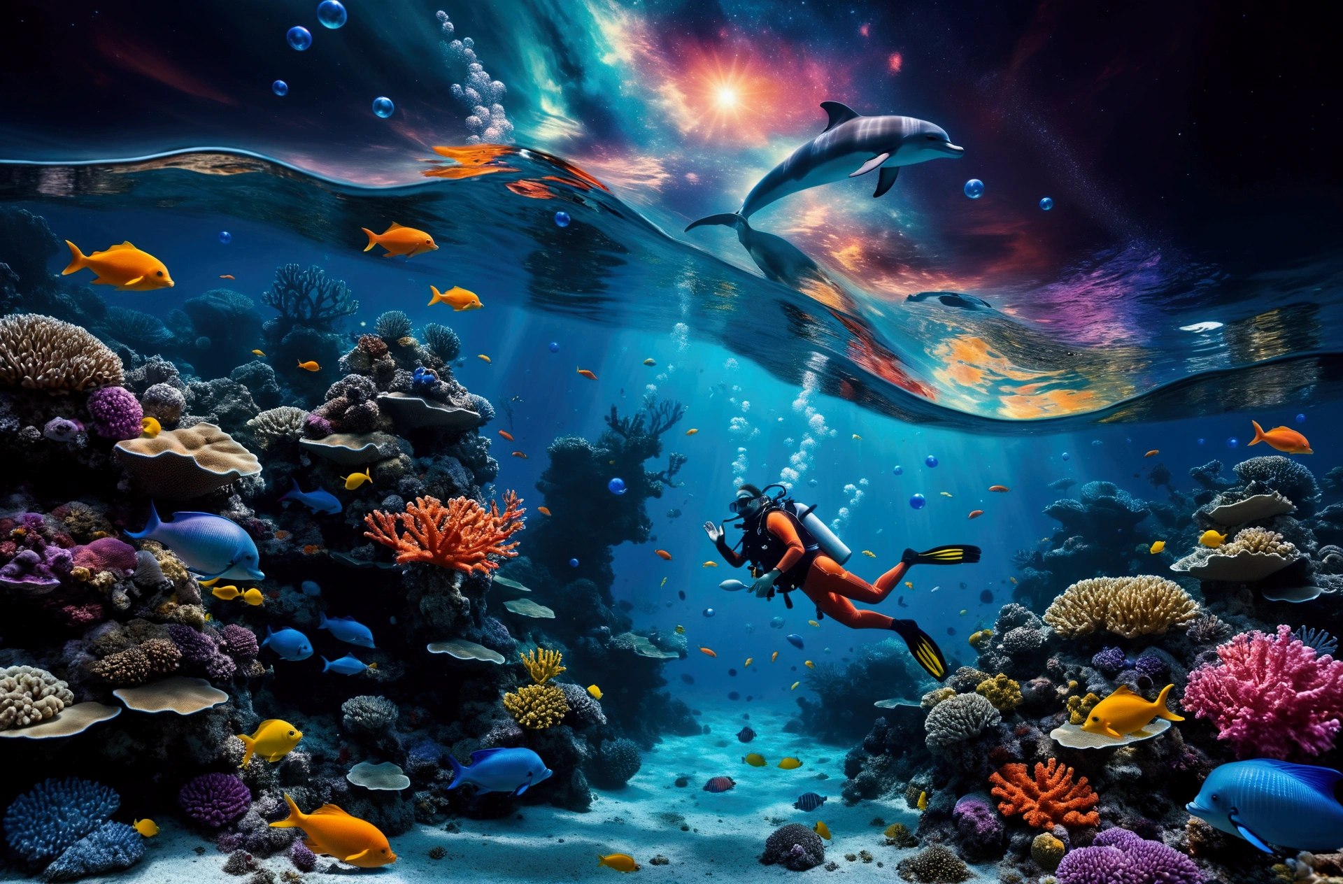 This image shows a surreal and fantastical style., Combining elements of underwater photography with a touch of digital art.(( Fully equipped divers explore vibrant coral reefs )), Surrounded by colorful fish that emit pulsating lights. (( Tiny bioluminescent creatures dance around the diver, Leaving a shining trail behind )). There is only one dolphin, It leaps gracefully out of the water towards the top centre of the image., Leaving a trail of stardust. ( Airy bubbles reflecting the cosmic sky、Drift gently around the underwater landscape。 ), Bioluminescent spheres floating in the water, Emits a soft bluish light、Creates a mysterious reflection. A dense, colorful coral reef takes up most of the central part of the image.。, The background depicts the transition between the ocean and a magnificent starry sky., Bright galaxies and nebulae. Mythical creatures silhouettes, Mermaids and underwater dragons, Visible in the background. The depth of field is vast, See both near and far elements clearly, Give your images a sense of spaciousness and depth. Dominant colors include the deep blue of the ocean, Bright orange and yellow fish, Galaxy and coral purple and pink. These contrasting colors、Enhances the dreamy, dreamy quality of your images。. The composition follows a diagonal line from the bottom left to the top right, Leading the viewer's eye from divers and coral to dolphins and the cosmic sky. This diagonal line emphasizes the dynamism of the scene.. finally, A shimmering mist envelopes the landscape, Gives an ethereal quality, It's like a dream.