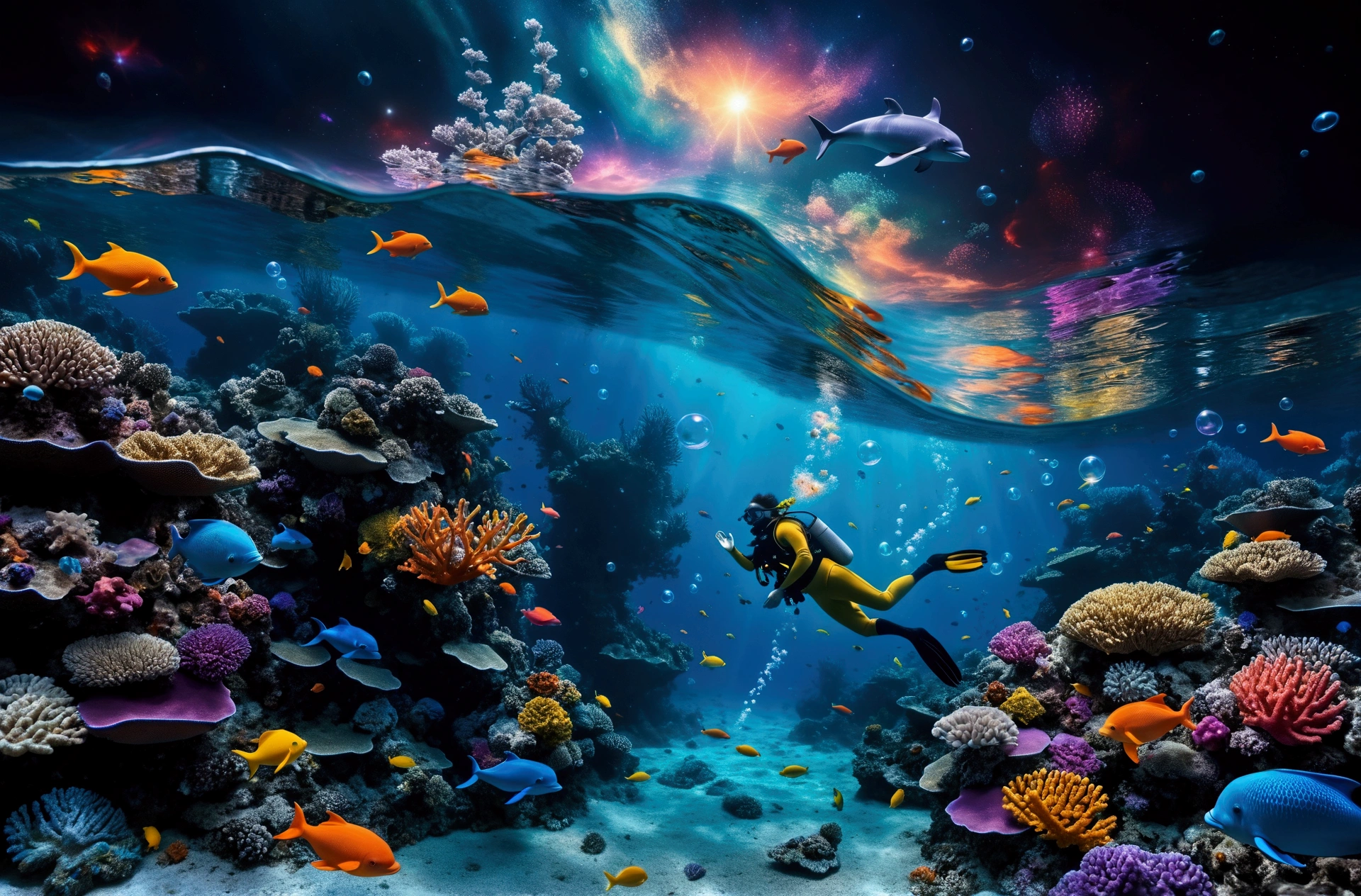 This image shows a surreal and fantastical style., Combining elements of underwater photography with a touch of digital art.(( Fully equipped divers explore vibrant coral reefs )), Surrounded by colorful fish that emit pulsating lights. (( Tiny bioluminescent creatures dance around the diver, Leaving a shining trail behind )). There is only one dolphin, It leaps gracefully out of the water towards the top centre of the image., Leaving a trail of stardust. ( Airy bubbles reflecting the cosmic sky、Drift gently around the underwater landscape。 ), Bioluminescent spheres floating in the water, Emits a soft bluish light、Creates a mysterious reflection. A dense, colorful coral reef takes up most of the central part of the image.。, The background depicts the transition between the ocean and a magnificent starry sky., Bright galaxies and nebulae. Mythical creatures silhouettes, Mermaids and underwater dragons, Visible in the background. The depth of field is vast, See both near and far elements clearly, Give your images a sense of spaciousness and depth. Dominant colors include the deep blue of the ocean, Bright orange and yellow fish, Galaxy and coral purple and pink. These contrasting colors、Enhances the dreamy, dreamy quality of your images。. The composition follows a diagonal line from the bottom left to the top right, Leading the viewer's eye from divers and coral to dolphins and the cosmic sky. This diagonal line emphasizes the dynamism of the scene.. finally, A shimmering mist envelopes the landscape, Gives an ethereal quality, It's like a dream.