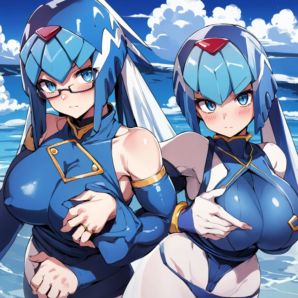 Leviathan_Megamanz, 1 Girl ,Looking at the viewer , blue hair, Blue eyes,Clouds background , Blushed, Wedding ring, Glasses