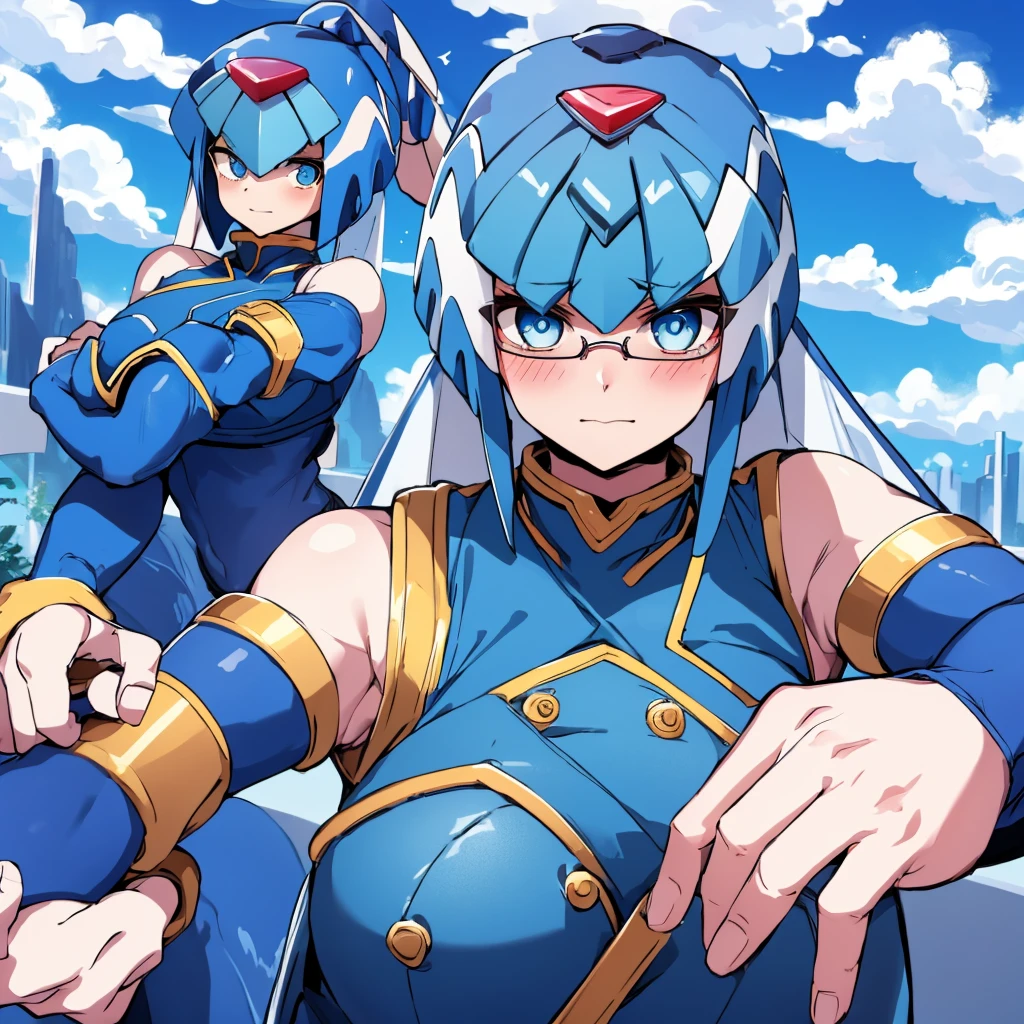 Leviathan_Megamanz, 1 Girl ,Looking at the viewer , blue hair, Blue eyes,Clouds background , Blushed, Wedding ring, Glasses