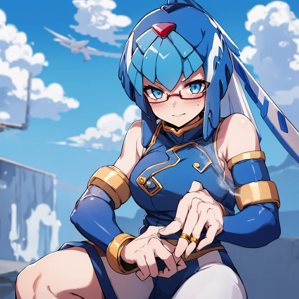 Leviathan_Megamanz, 1 Girl ,Looking at the viewer , blue hair, Blue eyes,Clouds background , Blushed, Wedding ring, Glasses