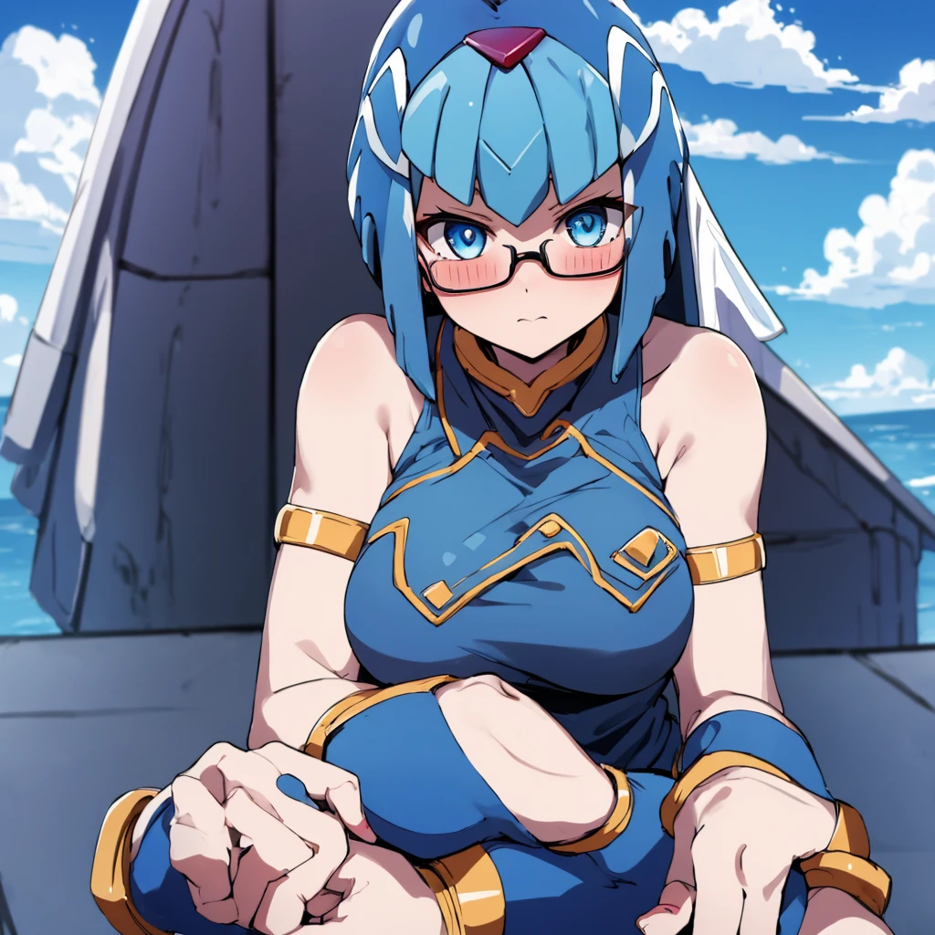 Leviathan_Megamanz, 1 Girl ,Looking at the viewer , blue hair, Blue eyes,Clouds background , Blushed, Wedding ring, Glasses