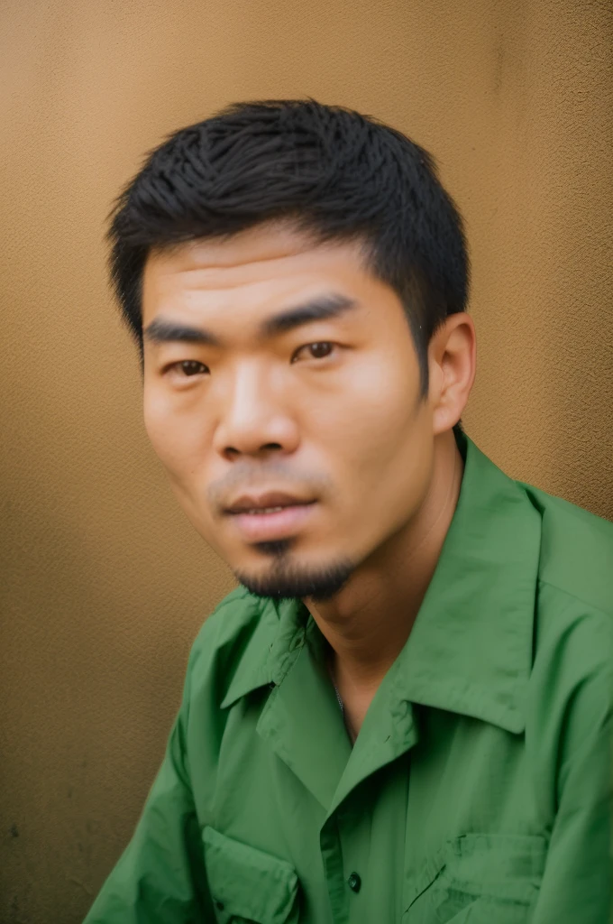 RAW photo of a 30 year old man, wearing a green Vietnamese army shirt, Asian, short black hair, real face, real skin, (photorealistic:1.4), (high detail soft skin:1.2 ), 8k uhd, dslr, soft light, high quality, grain film, Fujifilm XT