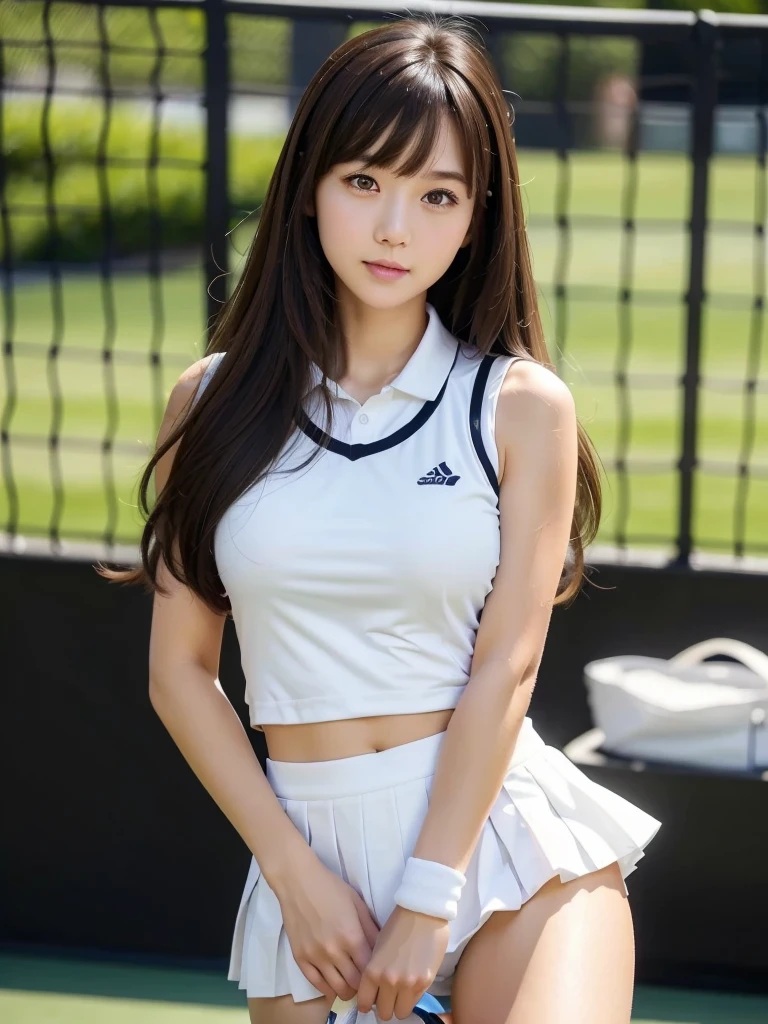 White tennis wear、tennis racket、Tennis ball、Tennis court、(Highest quality)、((Very detailed))、4K、(8k)、masterpiece、Very detailedな、Highest quality、Super Resolution、1 person、Kind Face、Soft Light、RAW quality、Soft Skin、163cm、20-year-old、Thighs、Soft long hair, bangs, Brown Hair, 1 personの女の子, High resolution, Big and cute eyes, A clear double, White pleated micro mini skirt, Thighs, plump big breasts, I can see your pants, Beautiful pussy line,