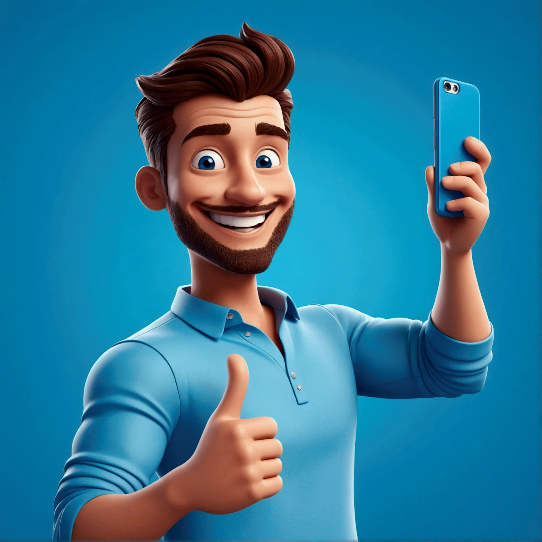 a cartoon man Posing for a selfie with a captivating smile, perfect for promoting a vibrant lifestyle, in the style of animated gifs, clean and simple designs, 3d, a predominant color blue