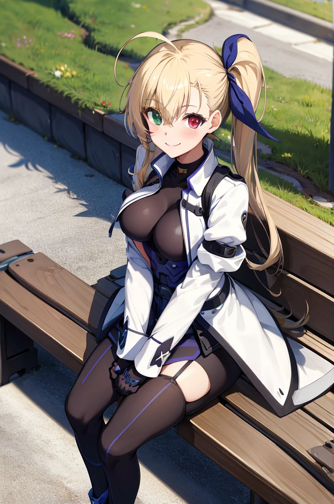 masterpiece, best quality, highres, 1girl, vivio1, heterochromia, ribbon, gloves, large breasts, ahoge, black_bodysuit, white jacket, park bench, sitting, smile,