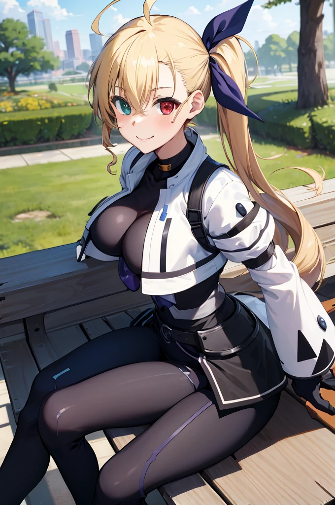 masterpiece, best quality, highres, 1girl, vivio1, heterochromia, ribbon, gloves, large breasts, ahoge, black_bodysuit, white jacket, park bench, sitting, smile,