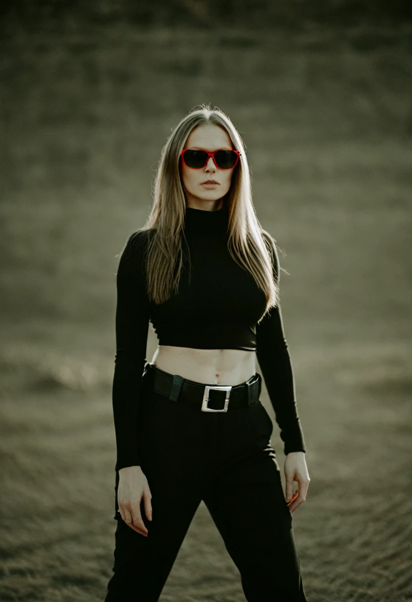 Photo, (sharp focus:1.2), (masterpiece), beautiful evil slavic muscular woman, pale skin, long hair, cinematic film still, stylish black and white photo, geometry, sunlight, feminine elegant girl in sunglasses with red glasses, black turtleneck, black jacket, wide black trousers, wide belt, (sharp focus on the face:1.3), (detailed), photographed on a Kodak box camera, (hyper realistic:1.4), lifelike texture, (intricate details, hyperdetailed:1.15) (skin texture:1.2), cinematic, professional, 4k, (((dynamic model pose))), sitting, full body, mesmerizing, dynamic, dramatic, dynamic pose, highly detailed skin with hair, subcutaneous veins, light and shadow play, highly detailed,24mm photograph, bokeh, professional, 4k,