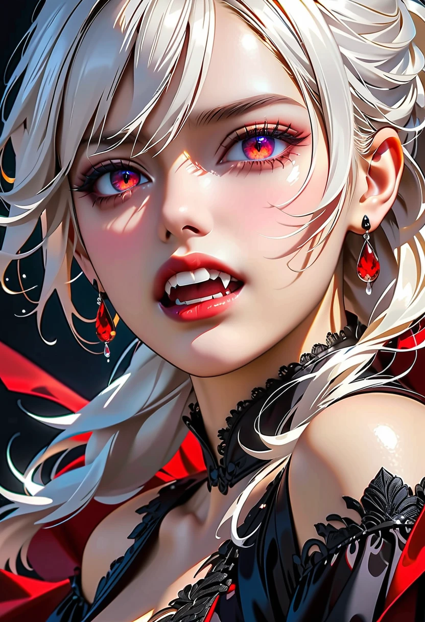 aa portrait of vampire with a bloody tear coming down from he eye, an exotic beautiful female vampire, white hair color, dynamic hair style, ultra detailed face, best detailed face, silver eye color, ((1single red teardrop: 1.3)), ((tear drop made from blood)), ((teardrop coming down from the eye: 1.3)), small cleavage, wearing two black diamond earrings, Ultra-high resolution, High Contrast, (masterpiece:1.5), highest quality, Best aesthetics), 16K fantasy art, best details, best quality, highres, (ultra wide angle: 1.2), 16k, [ultra detailed], masterpiece, best quality, (extremely detailed), ladyshadow, magical sky, crying style, vampire teeth
