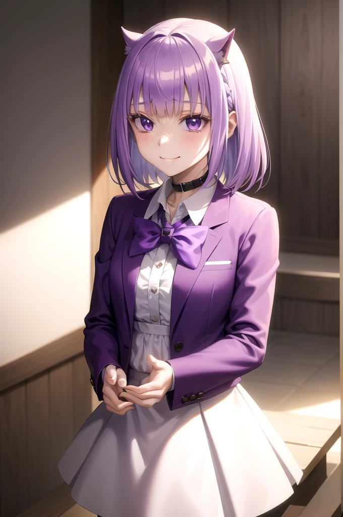 Masterpiece, Best Quality, very aesthetic, absurdities, Sakayanagi, 1 girl, blunt bangs, by white, purple hair, purple eyes, killed, , Red jacket, collar shirt, bow tie, White skirt, SMILE, facial focus, 