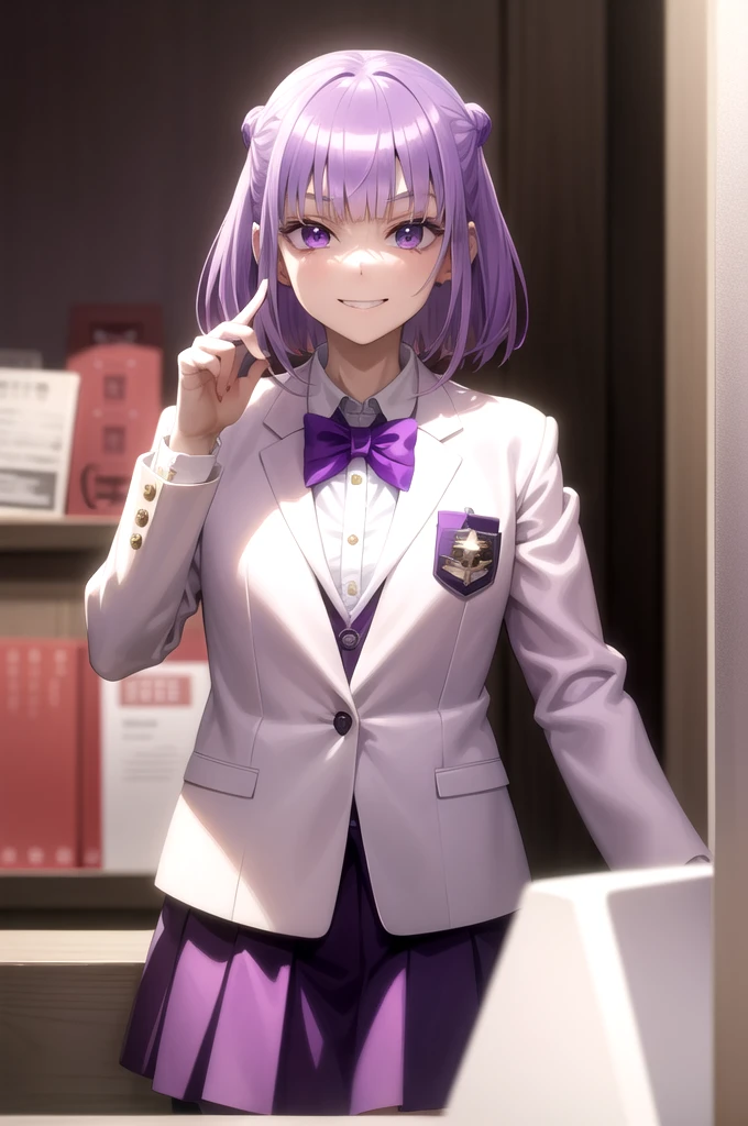 Masterpiece, Best Quality, very aesthetic, absurdities, Sakayanagi, 1 girl, blunt bangs, by white, purple hair, purple eyes, killed, , Red jacket, collar shirt, bow tie, White skirt, SMILE, facial focus, 