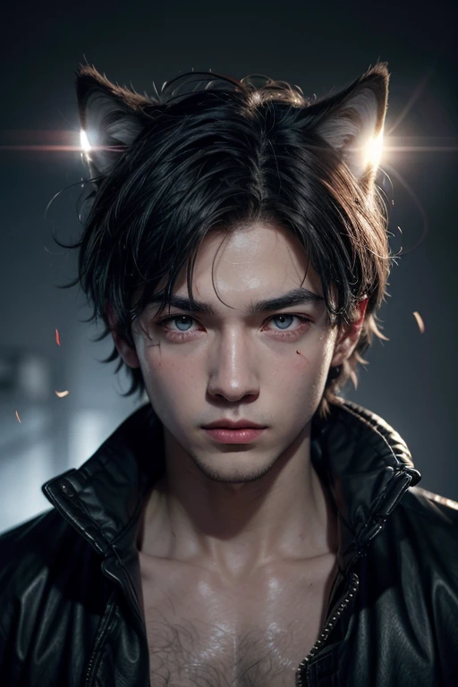 young wolf with a claw scar on his left eye bright red eyes and blue coat